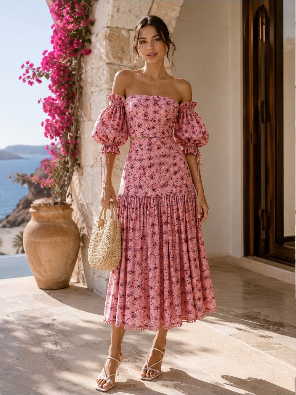 Floral Pink‎ 2 piece Off-Shoulder SET